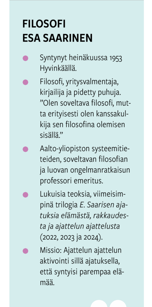 Filosofi Esa Saarinen
Syntynyt heinäkuussa 1953 Hyvinkäällä.
Filosofi, yritysvalmentaja, kirjailija ja pidetty puhuja. ”Olen soveltava filosofi, mutta erityisesti olen kanssakulkija sen filosofina olemisen sisällä.”
Aalto-yliopiston systeemitieteiden, soveltavan filosofian ja luovan ongelmanratkaisun professori emeritus.
Lukuisia teoksia, viimeisimpinä trilogia E. Saarisen ajatuksia elämästä, rakkaudesta ja ajattelun ajattelusta (2022, 2023 ja 2024).
Missio: Ajattelun ajattelun aktivointi sillä ajatuksella, että syntyisi parempaa elämää.